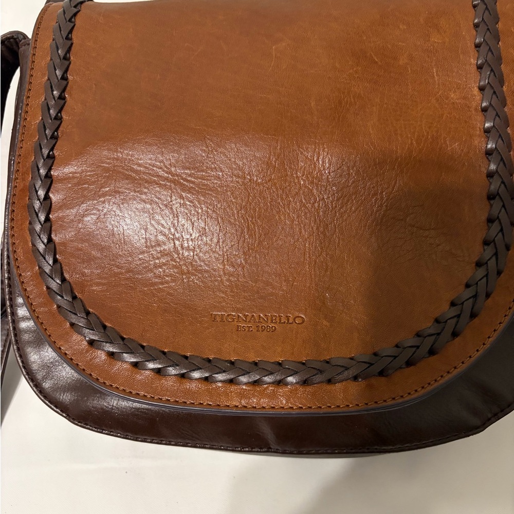 Tignanello Brown Genuine Leather Crossbody Saddle Bag Braided Trim Flap Purse